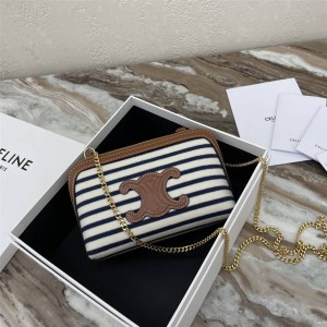 celine striped fabric chain hand bag shell bag 10E382