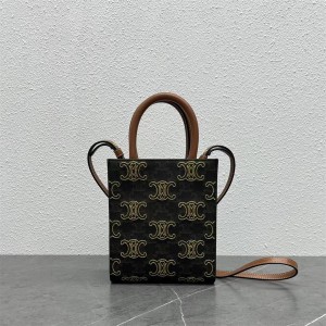 Celine 194372 CABAS Mini Logo Printed Gold Silk Tote Bag 193302