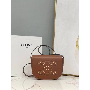 Celine 198263 FOLCO CUIR TRIOMPHE Smooth Cowhide Leather Studded Saddle Bag