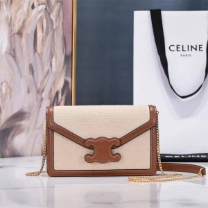 Celine 10J972 TRIOMPHE Fabric Cow Leather Chain Bag Canvas Envelope Bag 10J733