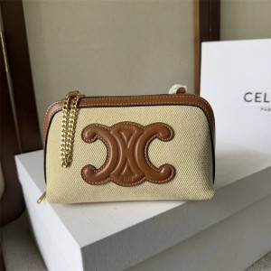 Celine 10E382 TRIOMPHE Fabric and Cow Leather Chain Handbag 101382