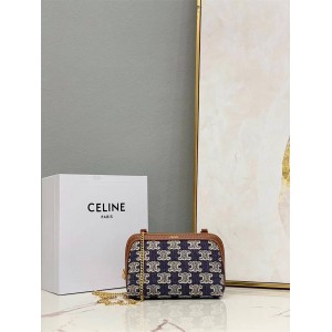 Celine 10E382 TRIOMPHE Embroidered Fabric Chain Handbag Shell Bag