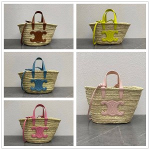 113832 TEEN TRIOMPHE CELINE CLASSIC Palm Leaf and Cow Leather Basket Bag Pink 194002