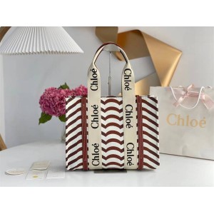 CHLOE CHC21WS383F6327S WOODY Medium Wave Pattern Cotton Canvas Tote Bag