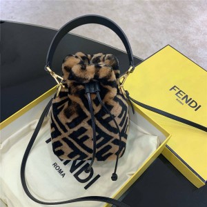 FENDI MON TRESOR Brown Sheepskin Mini Handbag Bucket Bag 8BS010