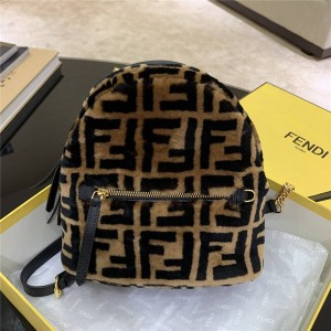 FENDI FF LOGO Brown Wool Sheepskin Small Backpack 8BZ038