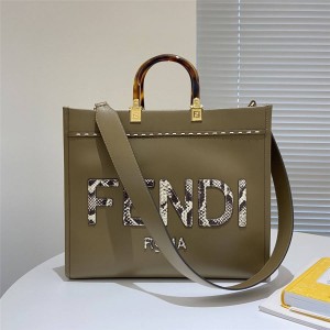 FENDI Sunshine Medium Stitching Snakeskin Shopping Bag Grey 8BH386