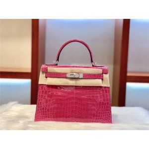 Hermes shiny two-point Miluo crocodile leather Kelly28 bag pink