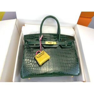 Hermes shiny crocodile leather Birkin 30 handbag emerald