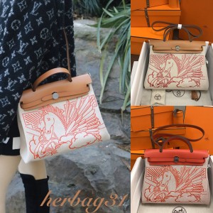 Hermes herbag 31 silk-printed Pegasus canvas bag