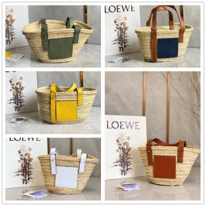 LOEWE 327.02.S93 Small Palm Leaf and Cow Leather Basket Woven Handbag