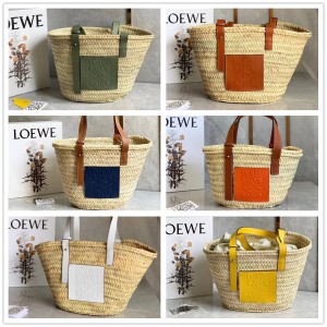 LOEWE 327.02.S92 Palm Leaf and Cow Leather Basket Medium Woven Handbag