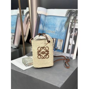 LOEWE C630G35X05 Iraca Palm and Cow Leather Square Woven Mobile Phone Bag 522313
