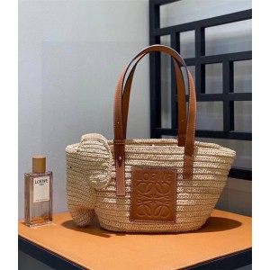 LOEWE A546T37X01 Woven Small Coconut Fiber and Cow Leather Elephant Basket Bag