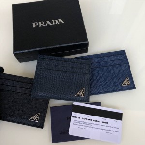 PRADA triangle logo cross grain leather card holder 2MC223