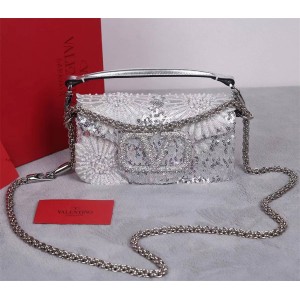 Valentino MINI LOCÒ imitation crystal diamond buckle sequin pearl embroidery chain bag 22036
