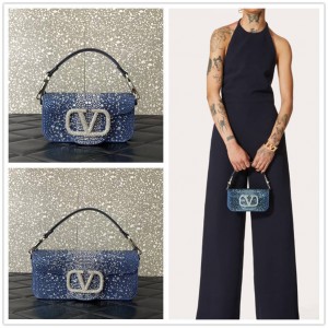 Valentino MINI LOCÒ Imitation Crystal Denim Handbag Full Diamond Shoulder Bag