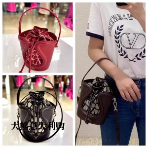 Valentino LA CINQUIEME V Logo Printed Sheepskin and Fabric Bucket Bag 3060