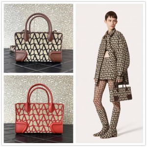 Valentino Small LA QUATRIEME V Logo Printed Sheepskin and Fabric Tote Bag 0766