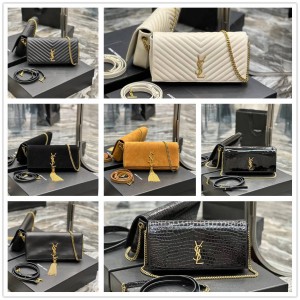 YSL Saint Laurent 604276 KATE 99 Lacquer Suede Crocodile Quilted Chain Bag Underarm Bag