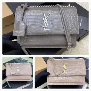 YSL Saint Laurent 442906 SUNSET Medium Crocodile Embossed Glossy Leather Handbag