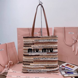 MIUMIU 5BG248 Rainbow striped woven tote bag