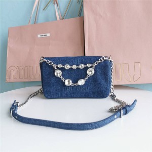 miumiu crystal diamond chain denim crossbody bag 5BD223