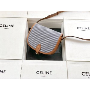 Celine Folco medium pecan striped fabric and calfskin handbag