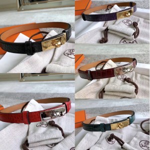 Hermes crocodile leather lady with 18mm belt with palladium-plated Kelly belt