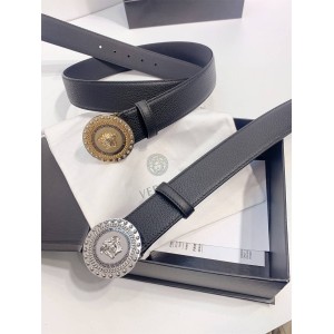 Versace Men's Round Diamond Medusa Buckle Calf Leather Belt