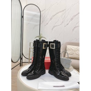 Roger Vivier RV Viv' Rangers Metal Buckle Patent Leather Lace-Up Biker Boots