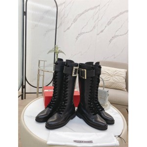 Roger Vivier RV Viv' Rangers Metal Buckle Leather Lace-Up Boots Biker Boots