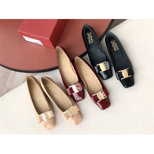 Ferragamo new bow square leather shoes flat shoes