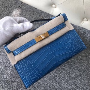 Hermes shiny American crocodile generation Mini Kelly handbag 7Q Greek blue
