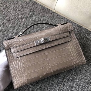 Hermes shiny crocodile leather generation Mini Kelly handbag ck81 turtledove gray