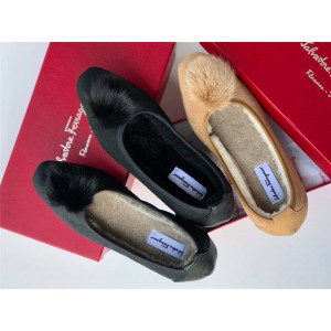 Ferragamo women's shoes suede fox fur ball dancing shoes egg roll shoes