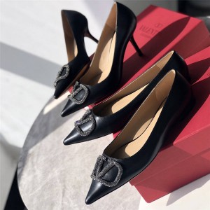 VALENTINO Crystal VLOGO Calfskin High Heels Flat Shoes Single Shoes