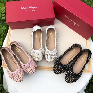 Ferragamo Women's Shoes Tweed Bow Ballerina Flats Cones