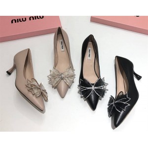 MIUMIU leather pointed toe diamond-encrusted crystal bow high heels