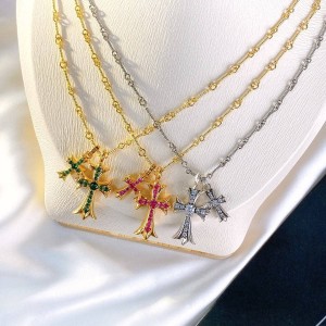 Chrome hearts 22K gold gemstone Babyfat Cross cross pendant necklace